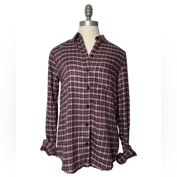 BeachLunchLounge Red Pear Whitney Button Down Plaid Long Sleeve Top Size Small - Picture 1 of 14